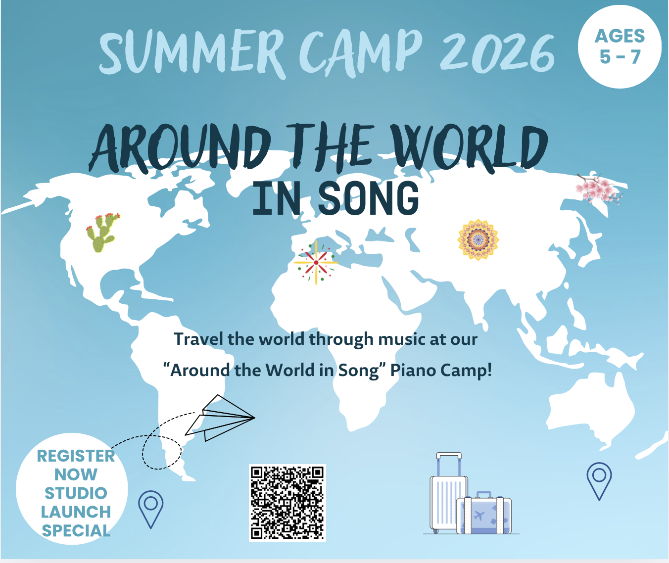 Summer Camp 2026 — Around the World in Song. Ages 5–7. Travel the world through music at our Around the World in Song Piano Camp!