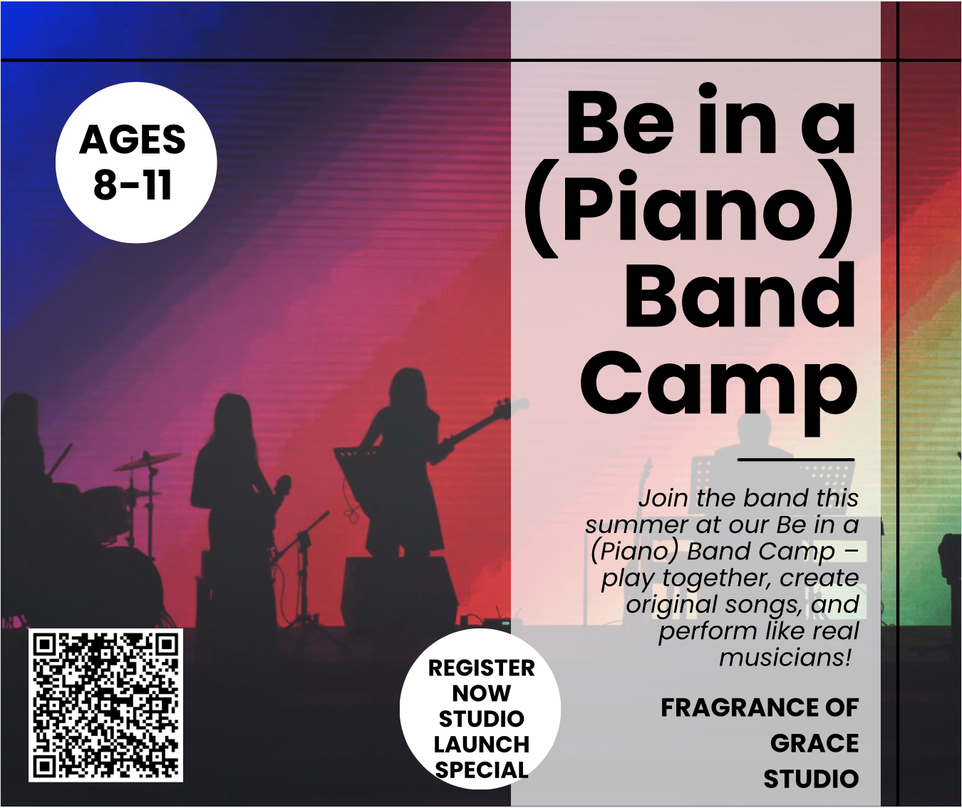 Be in a (Piano) Band Camp. Ages 8–11. Join the band this summer — play together, create original songs, and perform like real musicians!